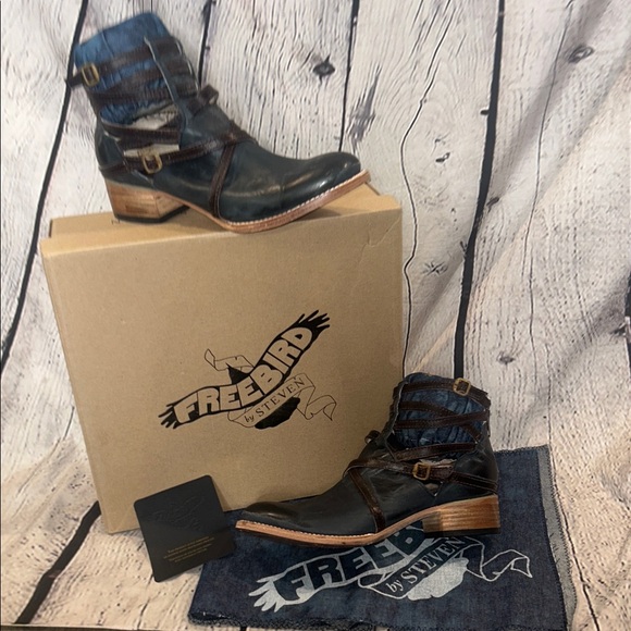 freebird Shoes - Freebird by Steven Stair Navy Blue Denim Buckle Ankle Boots Size 10